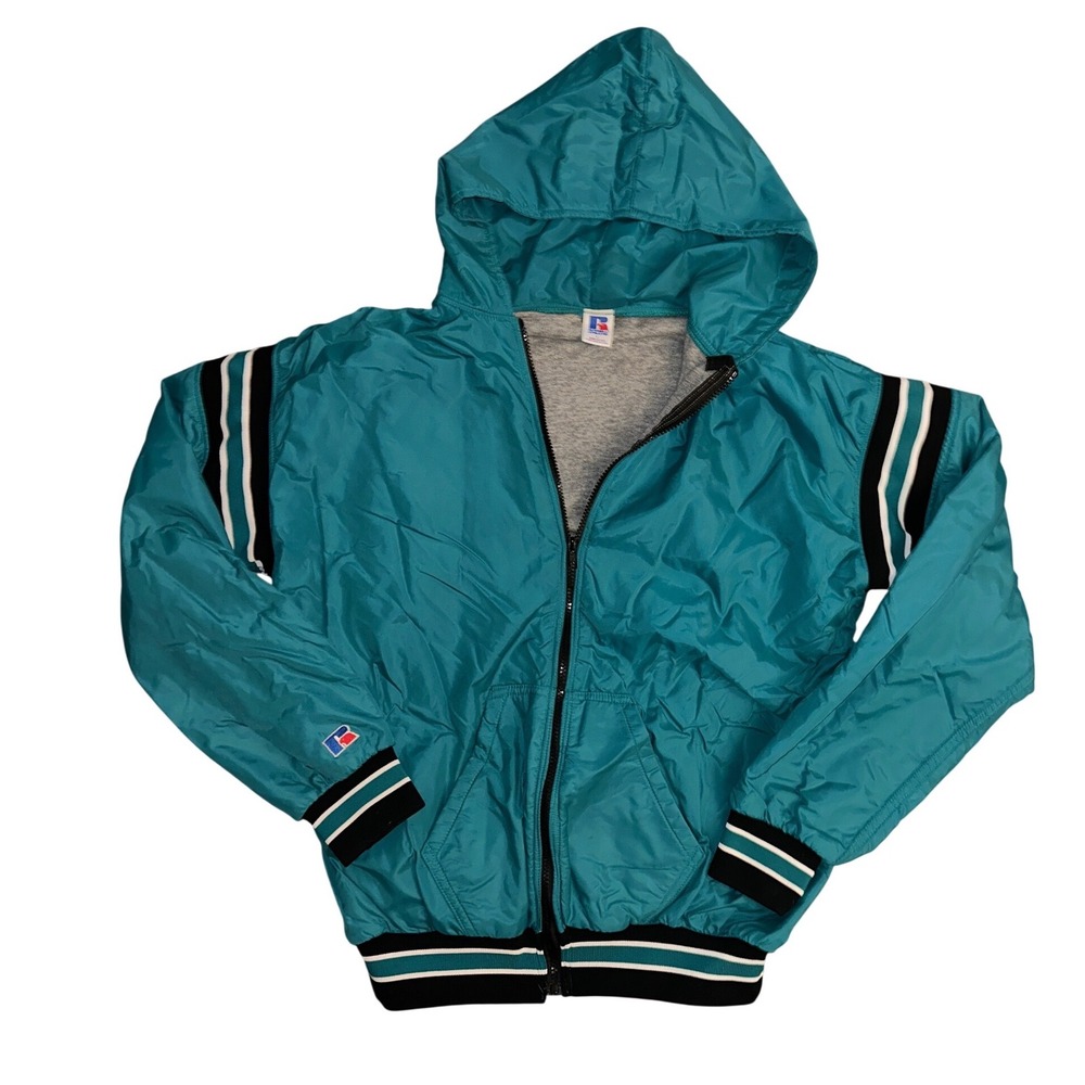 Vintage Russell Athletic Windbreaker Jacket Teal Blue Made in USA Large 90s Zip